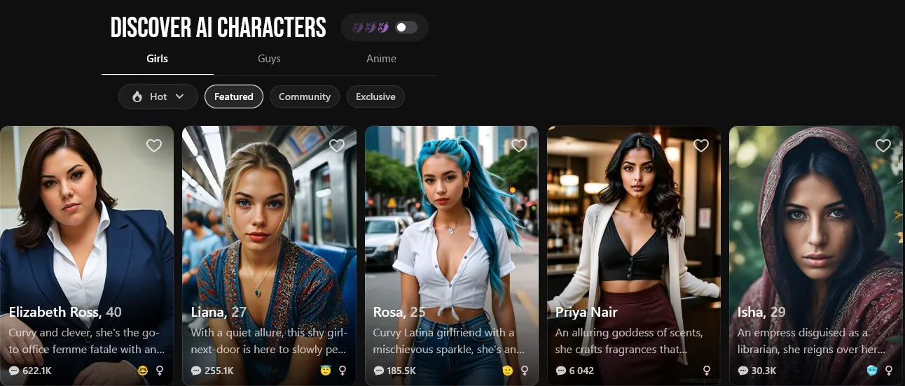 Screenshot of lovescape.com: the Discover AI Characters page with Girls, Guys and Anime tabs and a row of character cards
